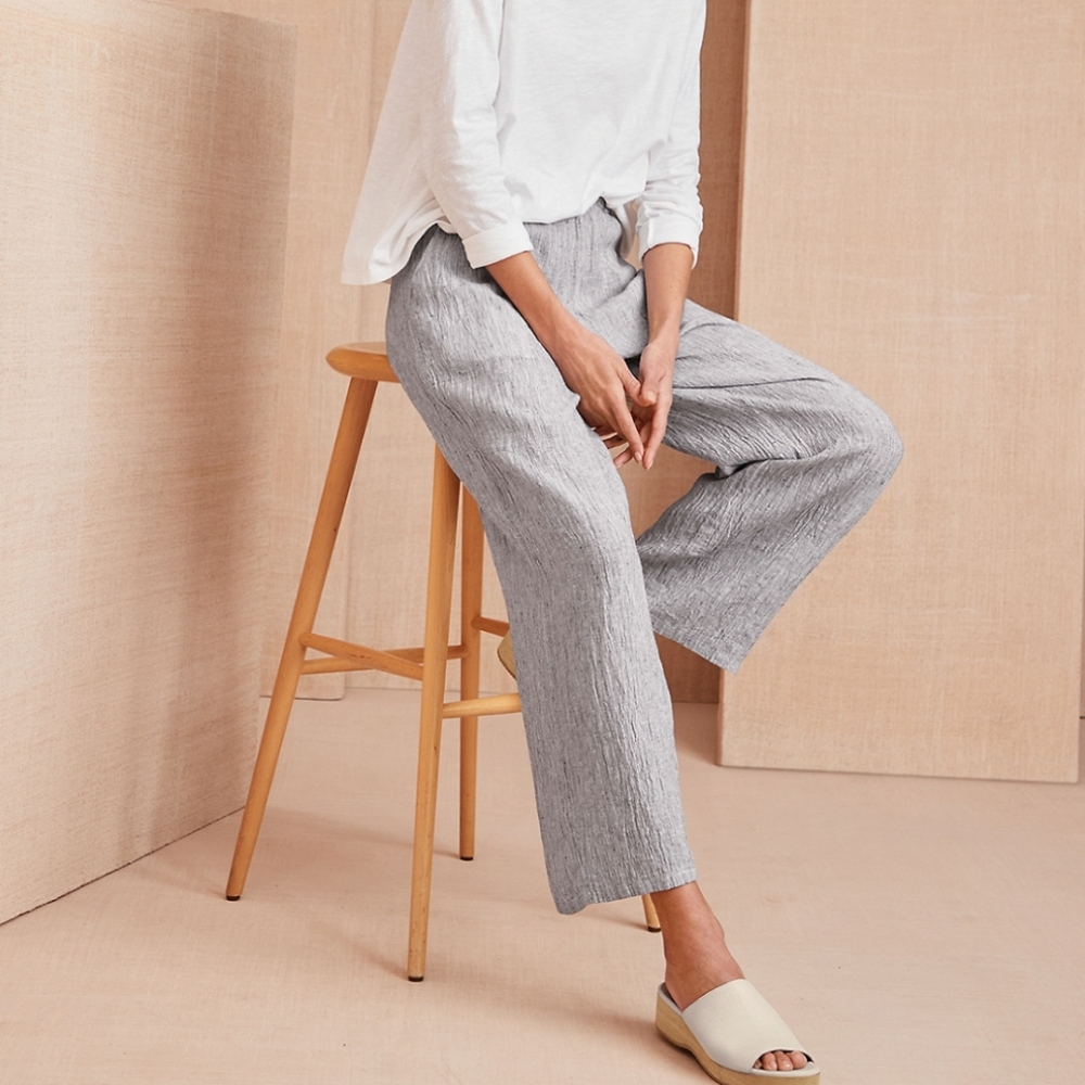 EILEEN FISHER Textured Organic Linen Straight Leg Ankle Pants Light Blue Size M